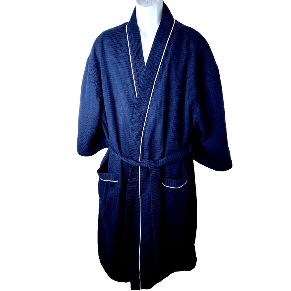 Roundtree & York Men's Navy Blue Robe Size 1X /2X w Tie Belt 3/4 Sleeve Pocke